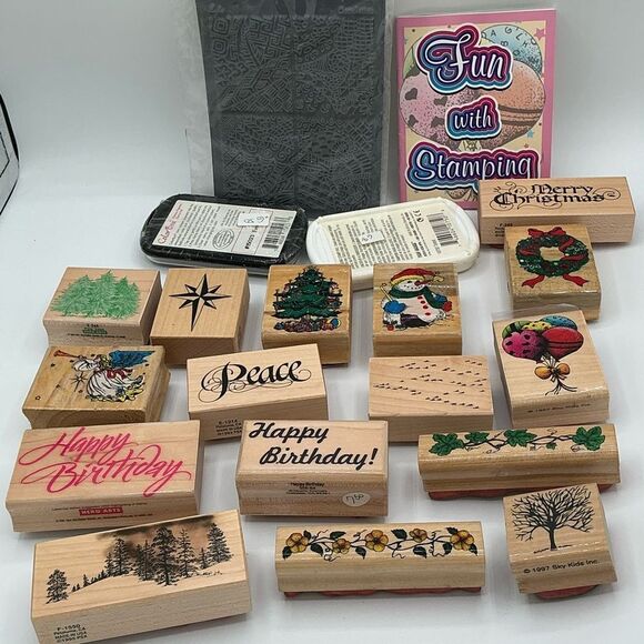 19 Assorted Rubber Stamps Set with inks and book, most are new. - Picture 1 of 9